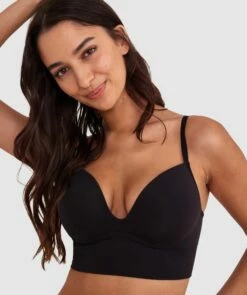 Base Layers Long Line Push Up Bra - Black