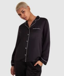 Liquid Satin Long Sleeve Shirt - Black