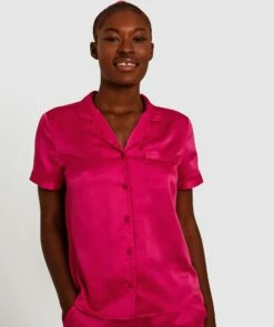 Liquid Satin Short Sleeve Shirt - Magenta