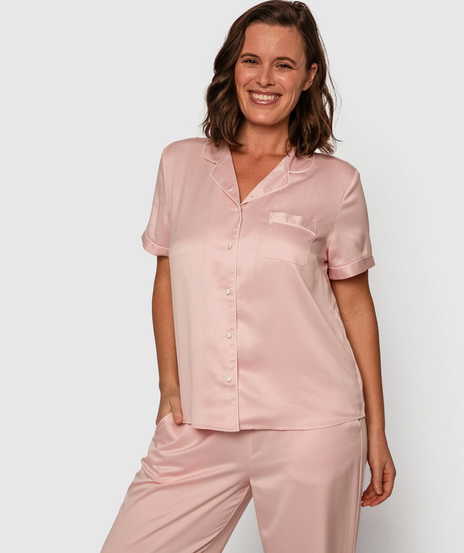 Liquid Satin Short Sleeve Top - Light Pink 3 Liquid Satin Short Sleeve Top - Light Pink