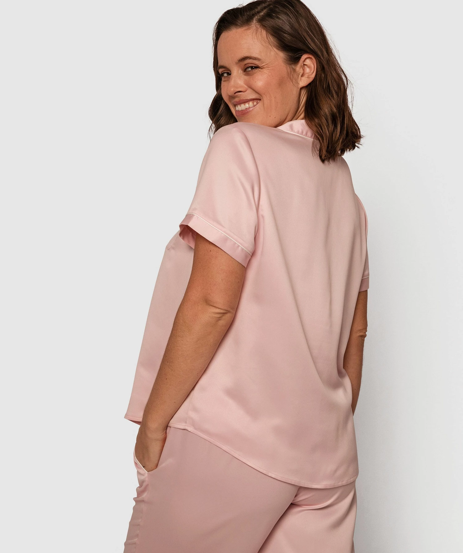 Liquid Satin Short Sleeve Top - Light Pink 4 Liquid Satin Short Sleeve Top - Light Pink - Image 2