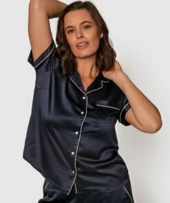 Liquid Satin Short Sleeve Top - Navy